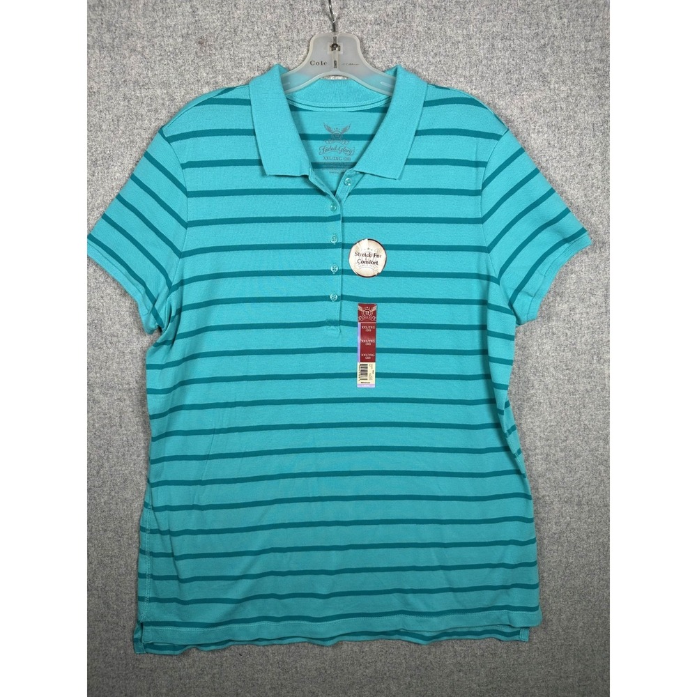 NWOT Faded Glory XXL Womens Top Polo Aqua Blue Striped Golf Collared Stretch